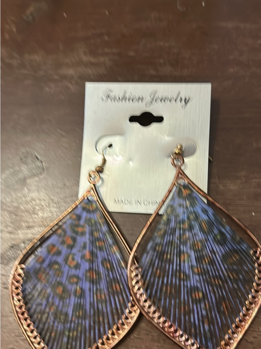 Fashion Jewelry Blue Leopard Teardrop Dangle Earrings - Gold Frame